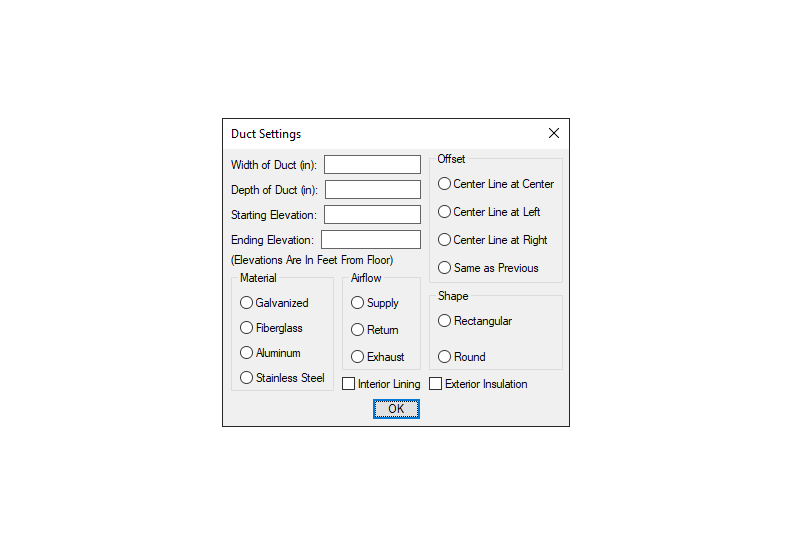 Duct settings